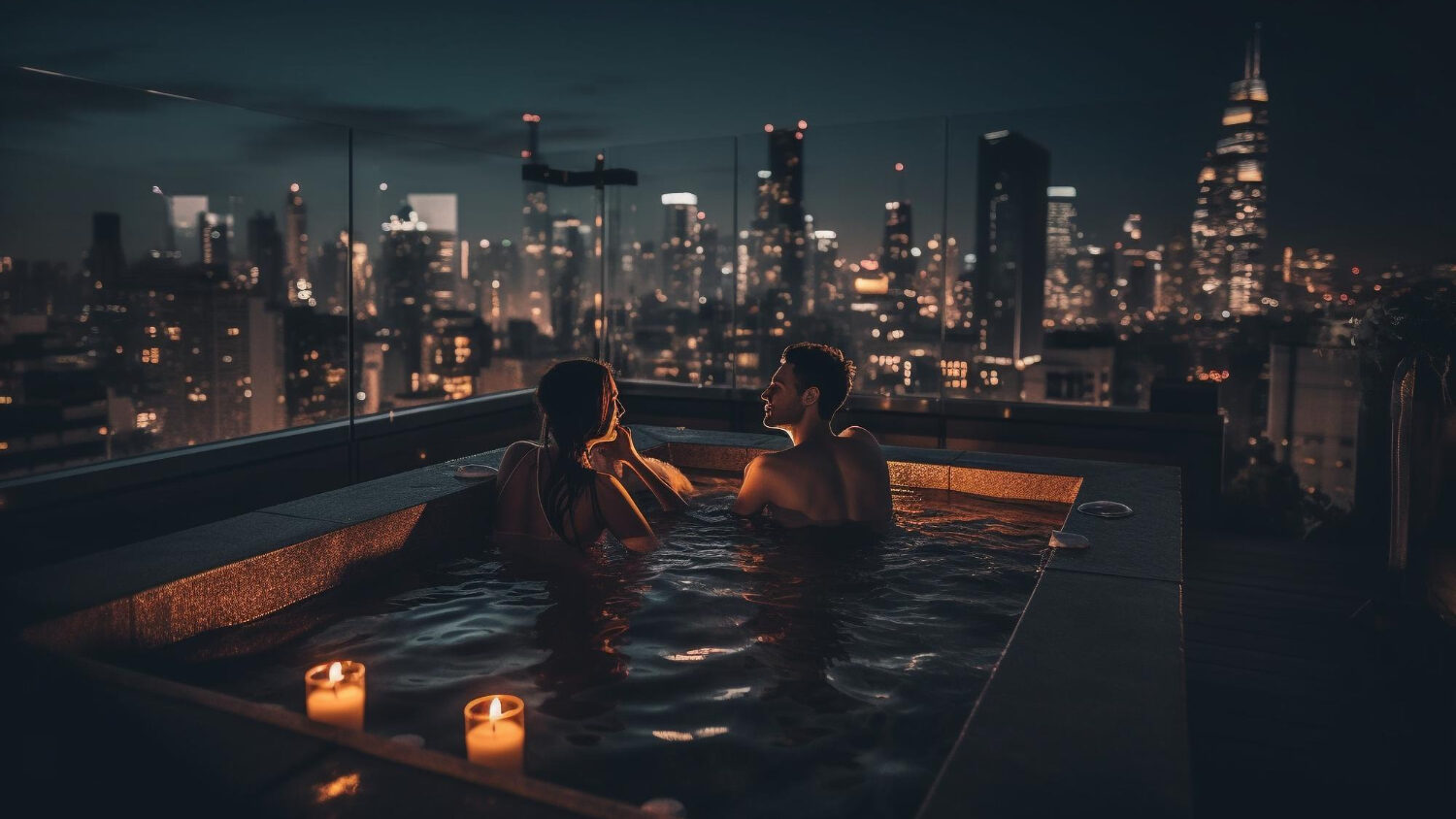 Couple relaxing in a rooftop hot tub at night with city skyline views